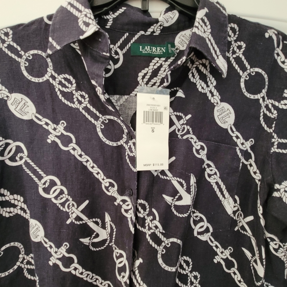 NWT LAUREN RALPH LAUREN Poplin Blouse Nautical Navy White Size S - Picture 7 of 8